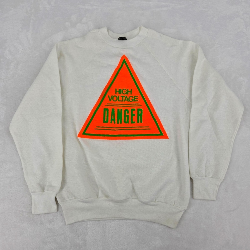 VTG Danger High Voltage 70s 80s Anvil Black Tag Sweatshirt Sz Med USA Made Puff